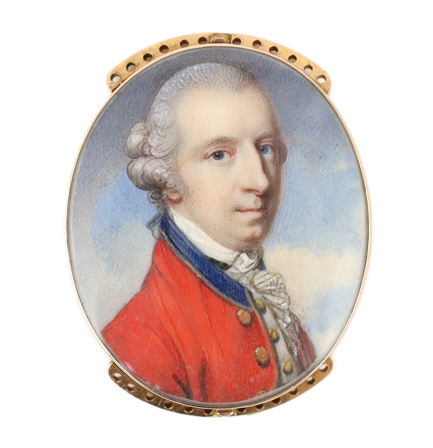 Jeremiah Meyer, R.A. (Anglo-German, 1735-1789), Portrait miniature of an army officer, watercolour on ivory, 3.9 x 3.2cm. CITES Submission reference PU4PGCCX